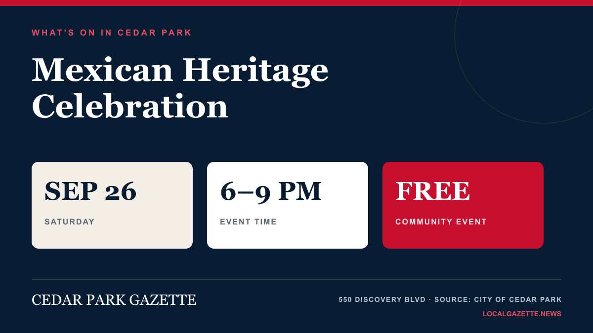 Cedar Park Mexican Heritage Celebration graphic with September 26 date, 6pm to 9pm time and free admission